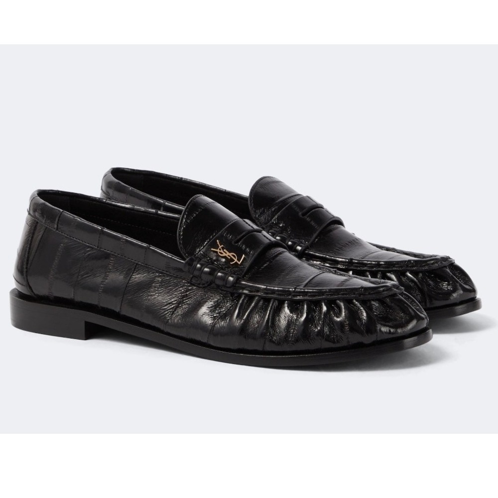 Saint Laurent Le Loafer Monogram Penny Loafers Black Leather YSL Gold Logo 38